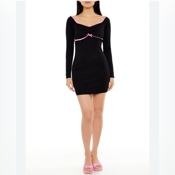 Forever 21 Black Ribbed Knit Bodycon Mini Dress Pink Ruffle Trim size Medium New - Picture 1 of 12